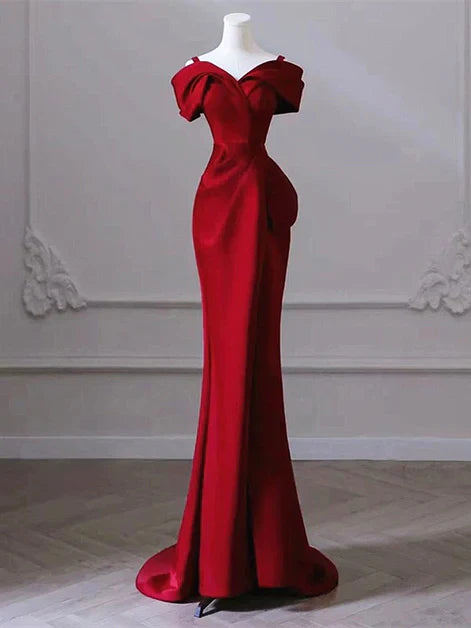 Burgundy Mermaid Off Shoulder Satin Long Prom Dress Dress, Simple Evening Dress ED01422