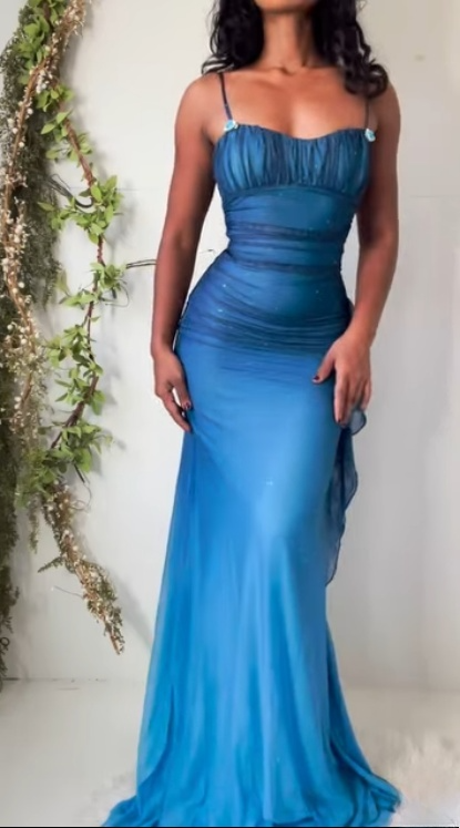 Unique__ Gradient Blue Mermaid Gown for Party&Quinceanera- Spaghetti Straps Glitter Chiffon Long Prom&Evening Dress  ED01424
