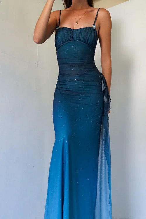 Unique__ Gradient Blue Mermaid Gown for Party&Quinceanera- Spaghetti Straps Glitter Chiffon Long Prom&Evening Dress  ED01424