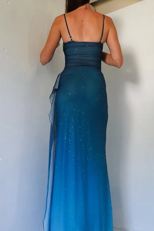 Unique__ Gradient Blue Mermaid Gown for Party&Quinceanera- Spaghetti Straps Glitter Chiffon Long Prom&Evening Dress  ED01424