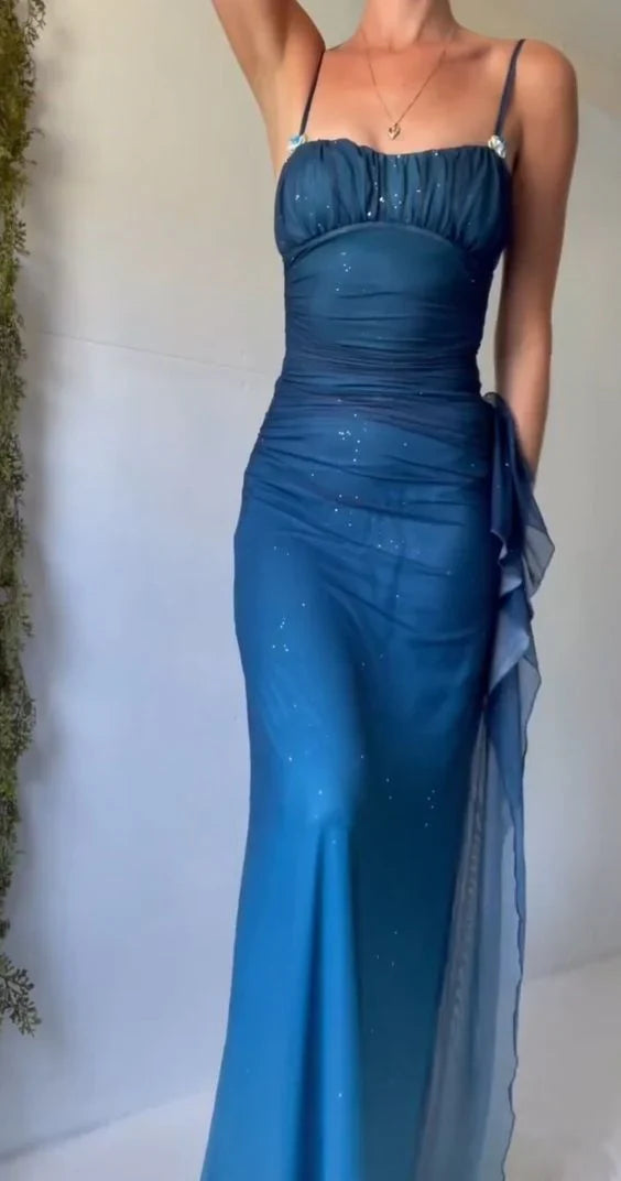 Unique__ Gradient Blue Mermaid Gown for Party&Quinceanera- Spaghetti Straps Glitter Chiffon Long Prom&Evening Dress  ED01424