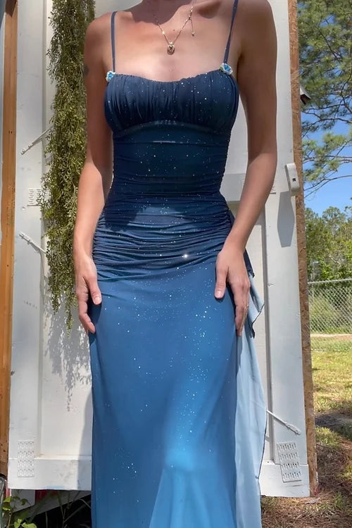 Unique__ Gradient Blue Mermaid Gown for Party&Quinceanera- Spaghetti Straps Glitter Chiffon Long Prom&Evening Dress  ED01424