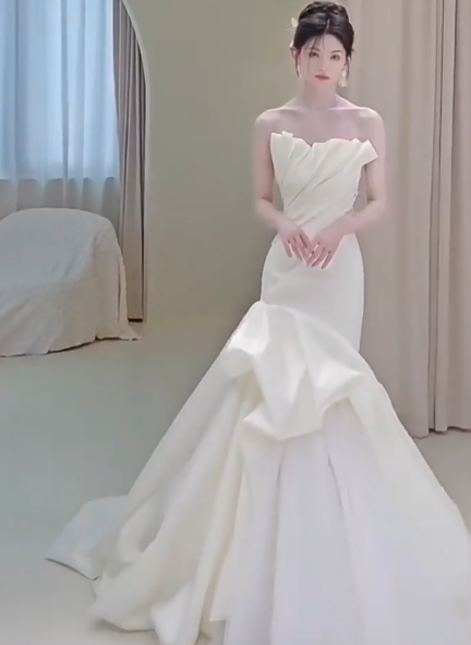 Ivory Strapless Mermaid  Wedding Dresses, Tulle Satin Tender Sleeveless Bridal Gowns  ED01425