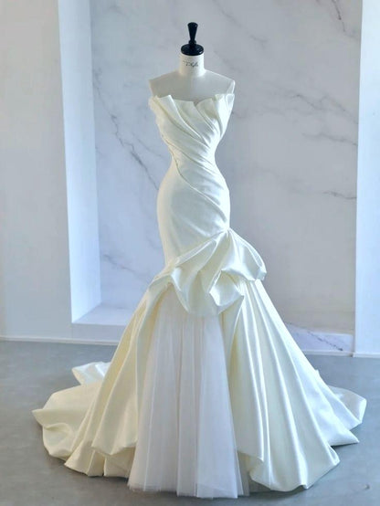 Ivory Strapless Mermaid  Wedding Dresses, Tulle Satin Tender Sleeveless Bridal Gowns  ED01425
