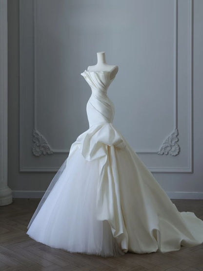 Ivory Strapless Mermaid  Wedding Dresses, Tulle Satin Tender Sleeveless Bridal Gowns  ED01425