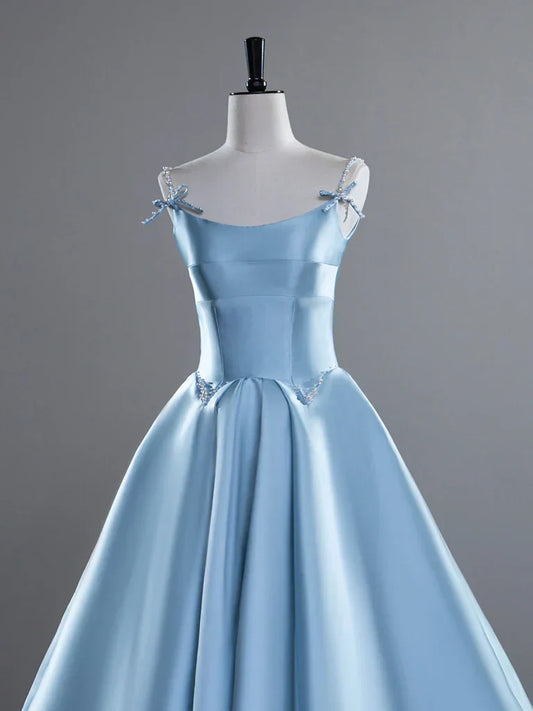 A-Line Spaghetti Straps Satin Long Prom Dress, Blue Long Evening Dress HZ1024