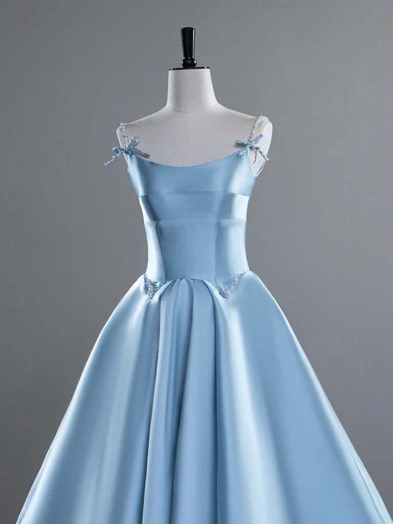 Blue A-Line Spaghetti Straps Satin Long Prom Dress, Blue Long Evening Dress ED01426