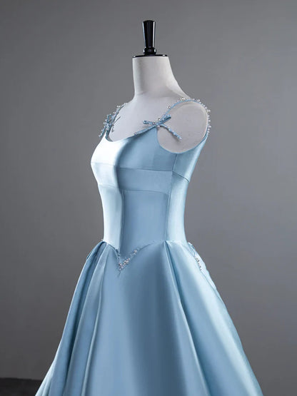 Blue A-Line Spaghetti Straps Satin Long Prom Dress, Blue Long Evening Dress ED01426