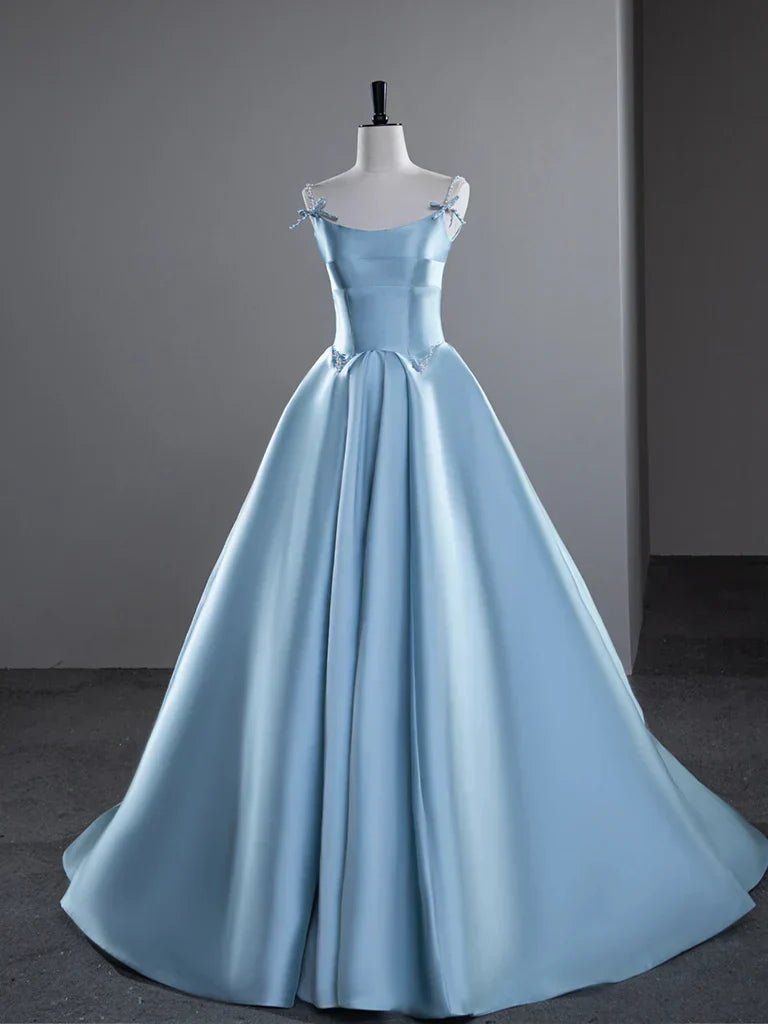 A-Line Spaghetti Straps Satin Long Prom Dress, Blue Long Evening Dress HZ1024