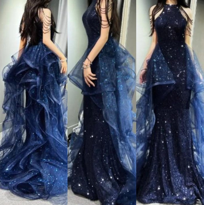 Elegant A-Line Halter Sparkly Sequins Long Prom Dresses  Navy Blue Evening Dresses ED01427