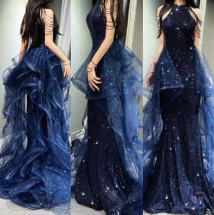 Elegant A-Line Halter Sparkly Sequins Long Prom Dresses  Navy Blue Evening Dresses ED01427