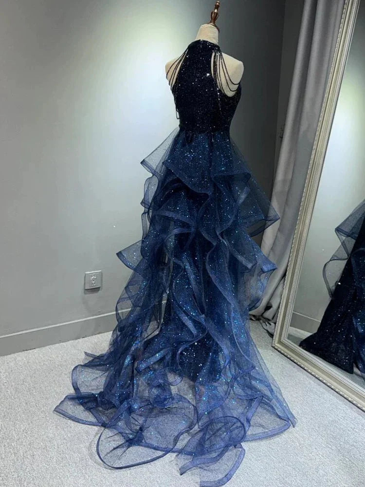 Elegant A-Line Halter Sparkly Sequins Long Prom Dresses  Navy Blue Evening Dresses ED01427
