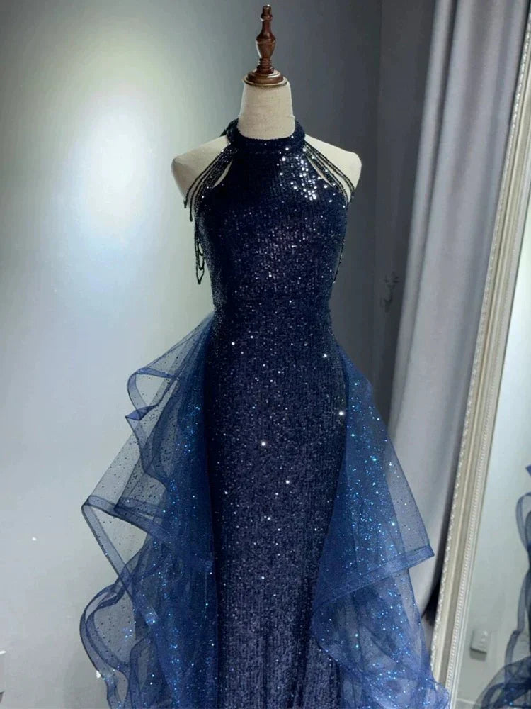 A-Line Halter Sparkly Sequins Long Prom Dresses Navy Blue Evening Dresses HZ1024
