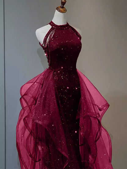 Elegant A-Line Halter Sparkly Sequins Long Prom Dresses  Navy Blue Evening Dresses ED01427