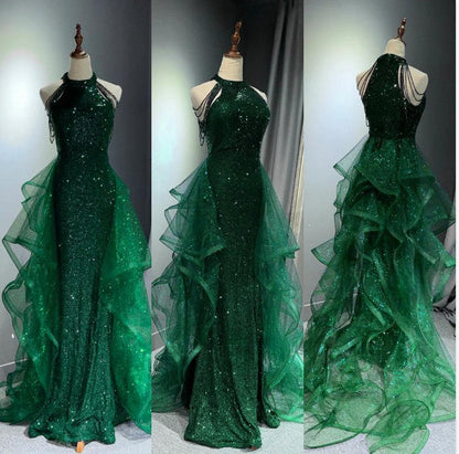Elegant A-Line Halter Sparkly Sequins Long Prom Dresses  Navy Blue Evening Dresses ED01427