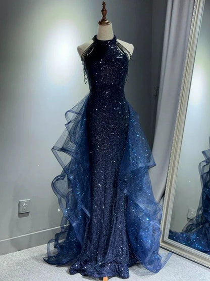 Elegant A-Line Halter Sparkly Sequins Long Prom Dresses  Navy Blue Evening Dresses ED01427
