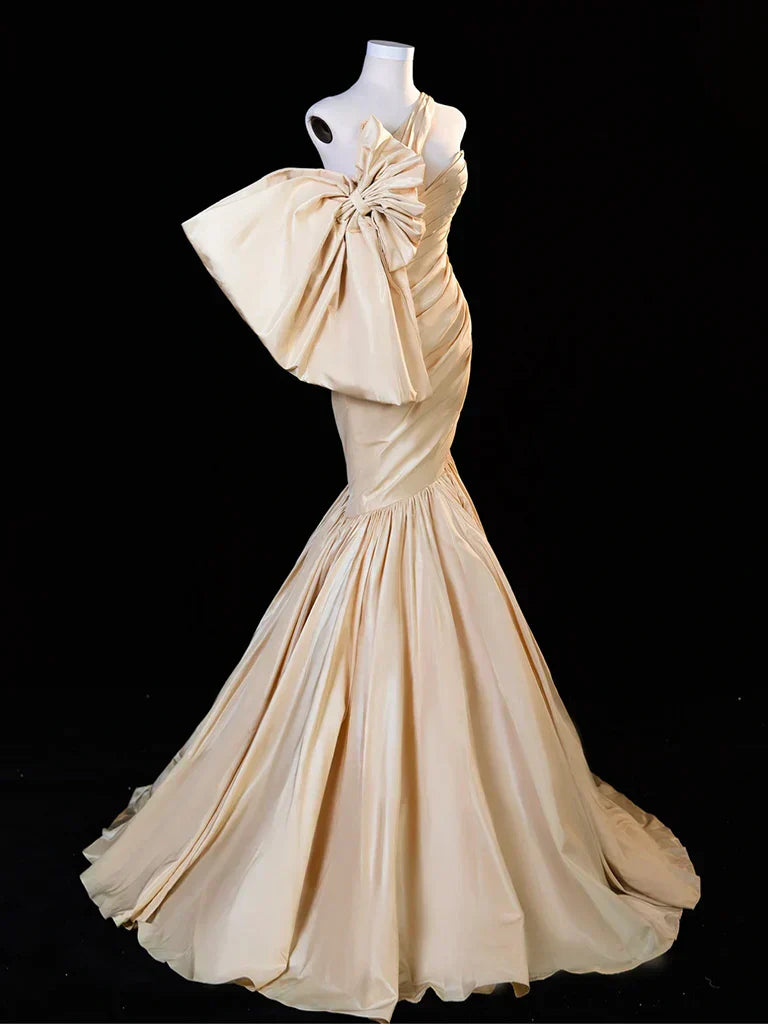 One Shoulder Satin Champagne Long Prom Dress, Champagne Long Evening Dress HZ1024