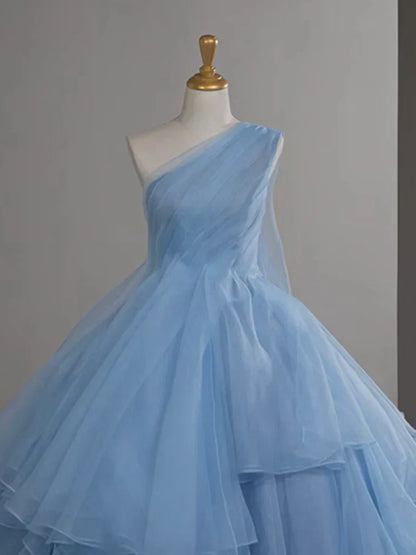 One Shoulder Tulle Blue Long Prom Dress, Blue Long Evening Dress HZ1024