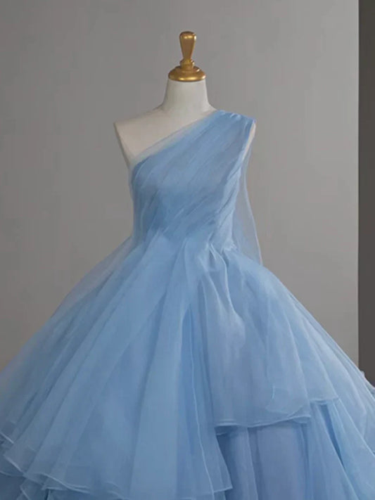 One Shoulder Tulle Blue Long Prom Dress, Blue Long Evening Dress HZ1024
