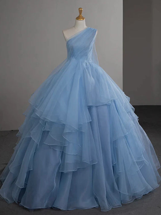 A-Line One Shoulder Tulle Blue Long Prom Dress, Blue Long Evening Dress ED01429