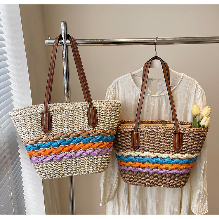 Rainbow striped straw bag beach seaside holiday large capacity handbag ED01430