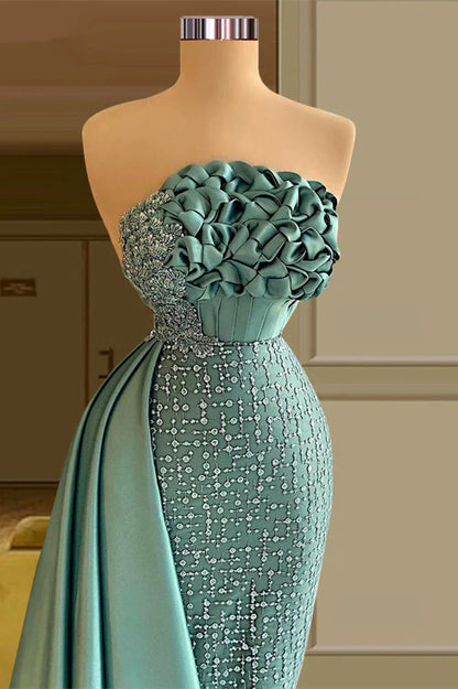 Elegant Strapless Long Green Satin Mermaid Sleeveless Beading Prom Dresses With Ruffles Long ED01437