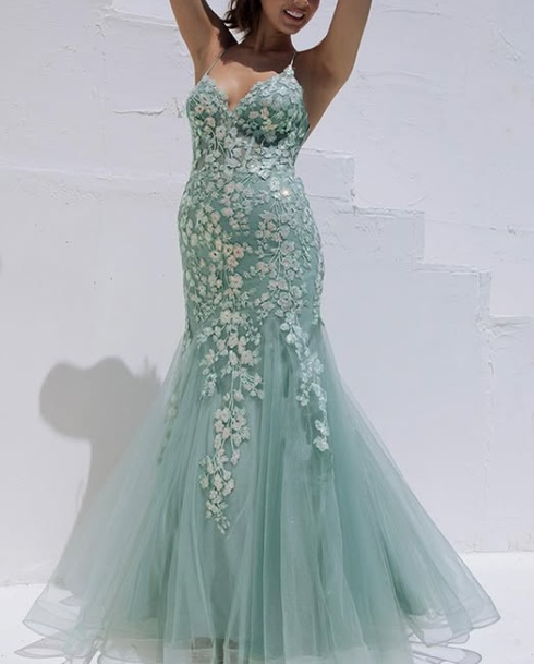 Blue Spaghetti Straps Lace Appliques Mermaid V-Neck Tulle Long Prom Dress HZ1024