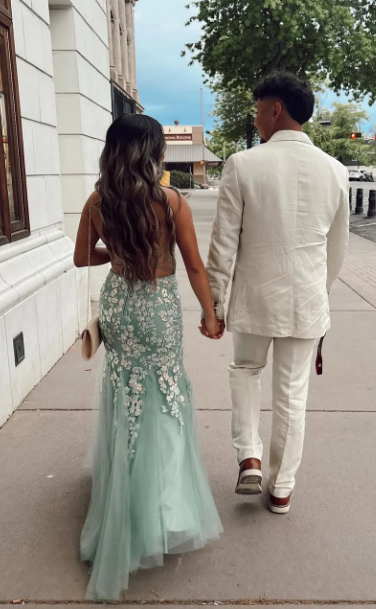 Tiffany Blue Spaghetti Straps Lace Appliques Mermaid V-Neck Tulle Long Prom Dress ED01438