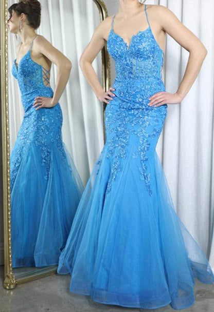Blue Spaghetti Straps Lace Appliques Mermaid V-Neck Tulle Long Prom Dress HZ1024