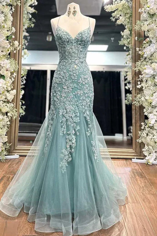 Blue Spaghetti Straps Lace Appliques Mermaid V-Neck Tulle Long Prom Dress HZ1024