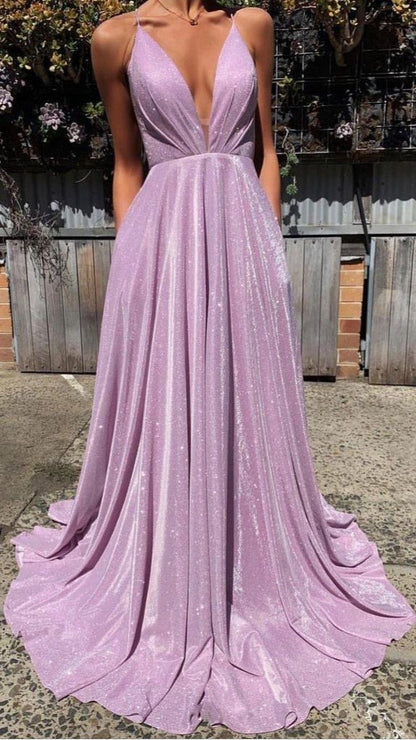 A-Line Pink Sequin Prom Dresses V Neck Evening Dress HZ1024