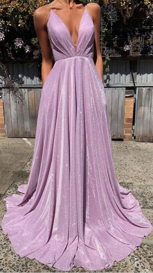 A-Line Pink Sequin Prom Dresses V Neck Evening Dress HZ1024