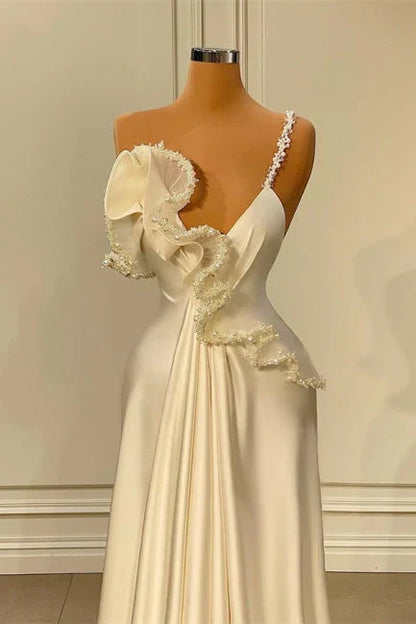 A-line One Shoulder White Satin Evening Prom Dress with Ruffles HZ1024