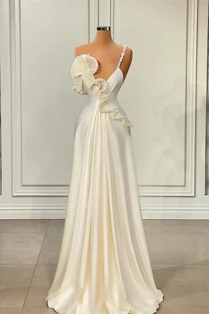 A-line One Shoulder White Satin Evening Prom Dress with Ruffles HZ1024