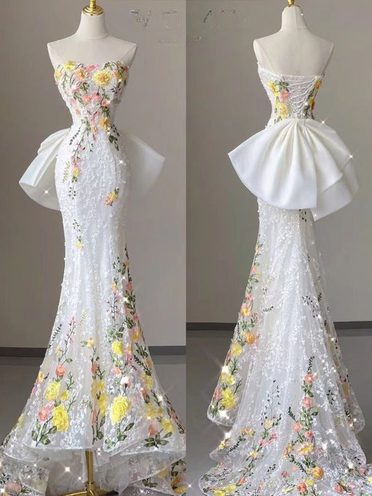 Wedding Dress Elegant Mermaid Strapless Tulle Lace Long Prom Dress Applique Evening Dress HZ1024