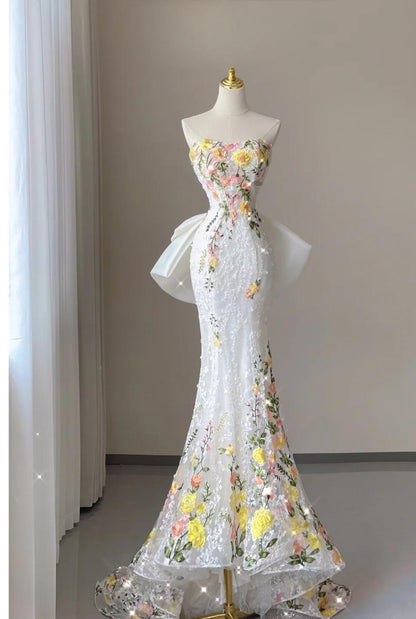 Wedding Dress Elegant Mermaid Strapless Tulle Lace Long Prom Dress Applique Evening Dress HZ1024