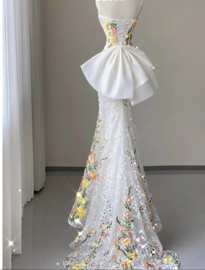 Wedding Dress Elegant Mermaid Strapless Tulle Lace Long Prom Dress Applique Evening Dress HZ1024