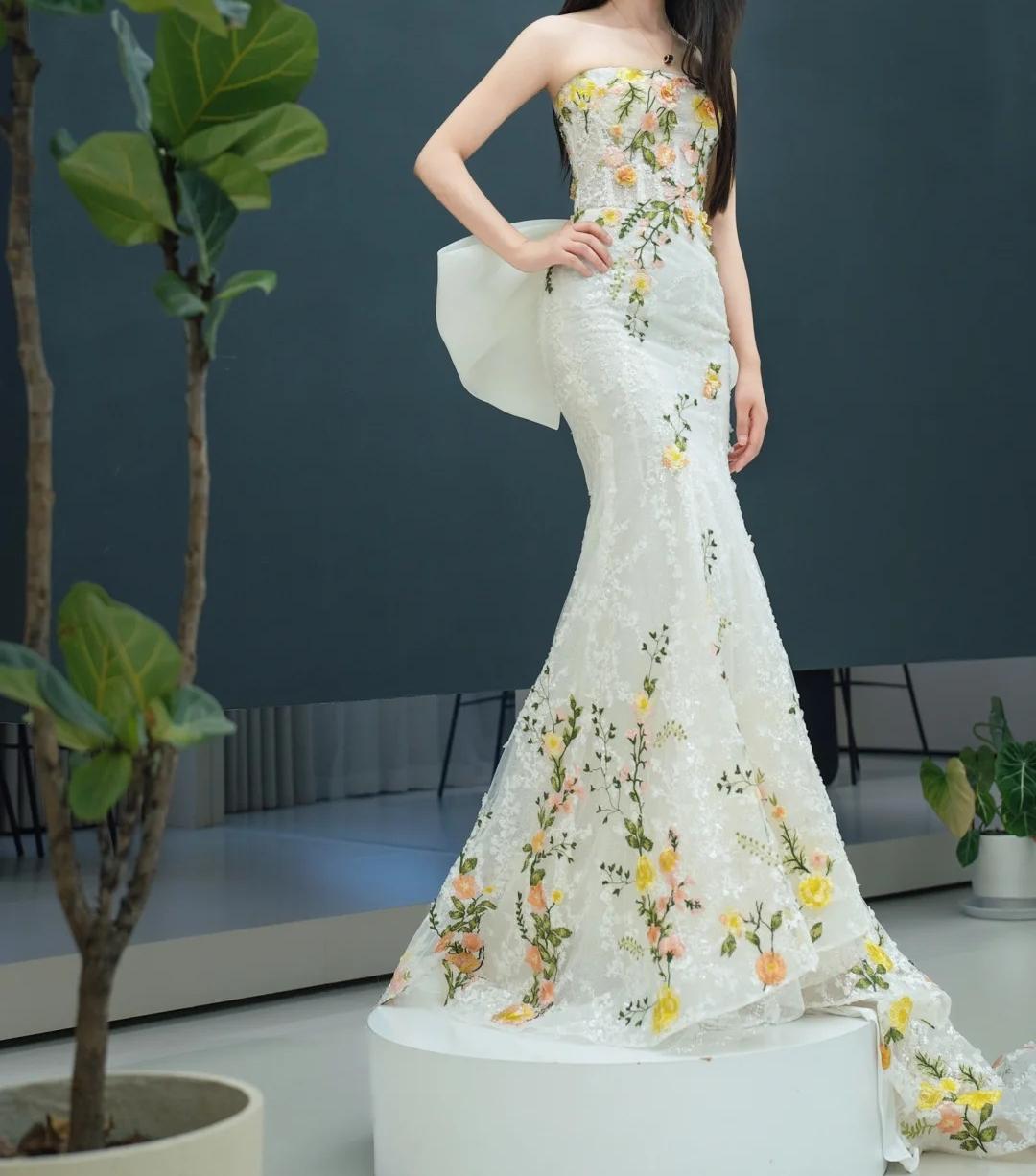 Wedding Dress Elegant Mermaid Strapless Tulle Lace Long Prom Dress Applique Evening Dress HZ1024