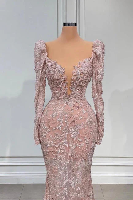 Designer Pink V-neck Lace Mermaid Prom Dress Evening Gowns With Long Sleeves ED01444