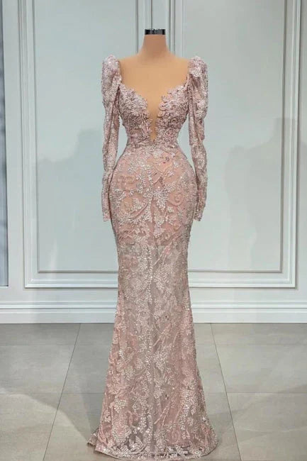Pink V-neck Lace Mermaid Prom Dress Evening Gowns With Long Sleeves HZ1024