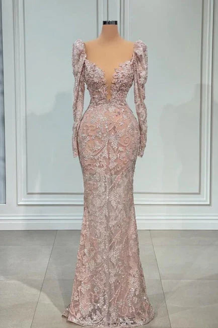Designer Pink V-neck Lace Mermaid Prom Dress Evening Gowns With Long Sleeves ED01444