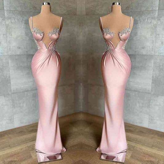 Pink Spaghetti-Straps Mermaid Satin Prom Dress Sleeveless With Appliques ED01445