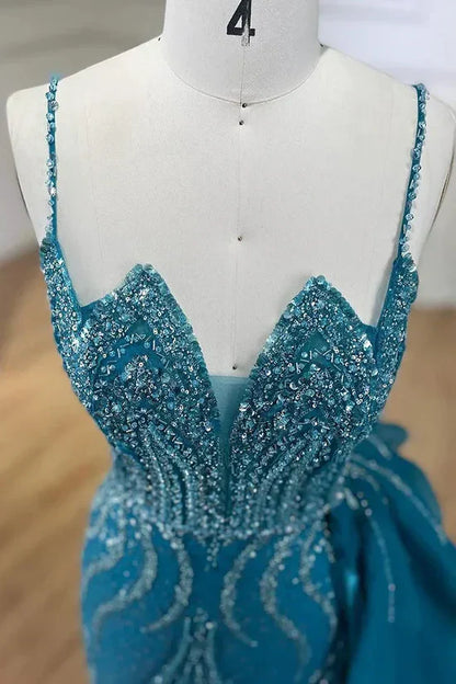 Blue Elegant Mermaid Spaghetti Strap Tulle Beading Long Prom Dress HZ1024