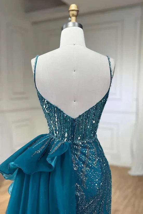 Blue Elegant Mermaid Spaghetti Strap Tulle Beading Long Prom Dress HZ1024