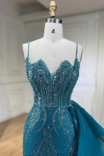 Sky Blue Elegant Mermaid Spaghetti Strap Tulle Beading Long Prom Dress ED01448