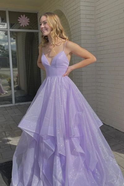Elegant A-line V-neck Spaghetti Strap Tulle Long Prom Dress HZ1024