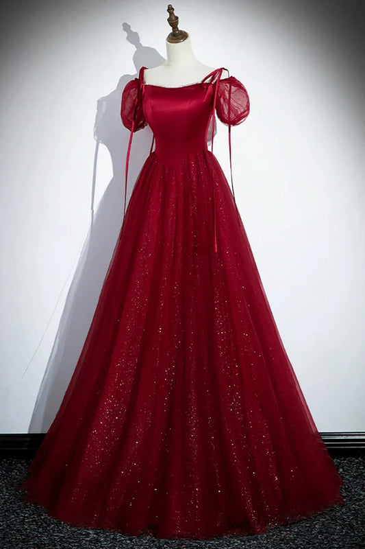 Burgundy  A-Line Satin Tulle Floor Length Prom Dress, Off Shoulder Formal Evening Dress ED01455