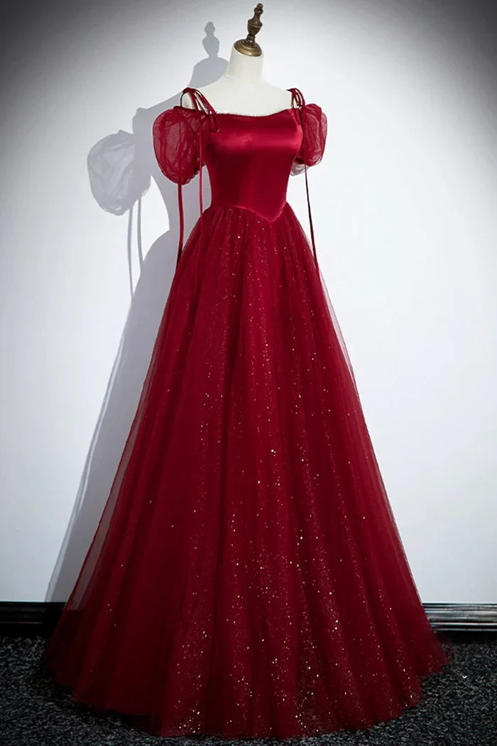 Burgundy  A-Line Satin Tulle Floor Length Prom Dress, Off Shoulder Formal Evening Dress ED01455