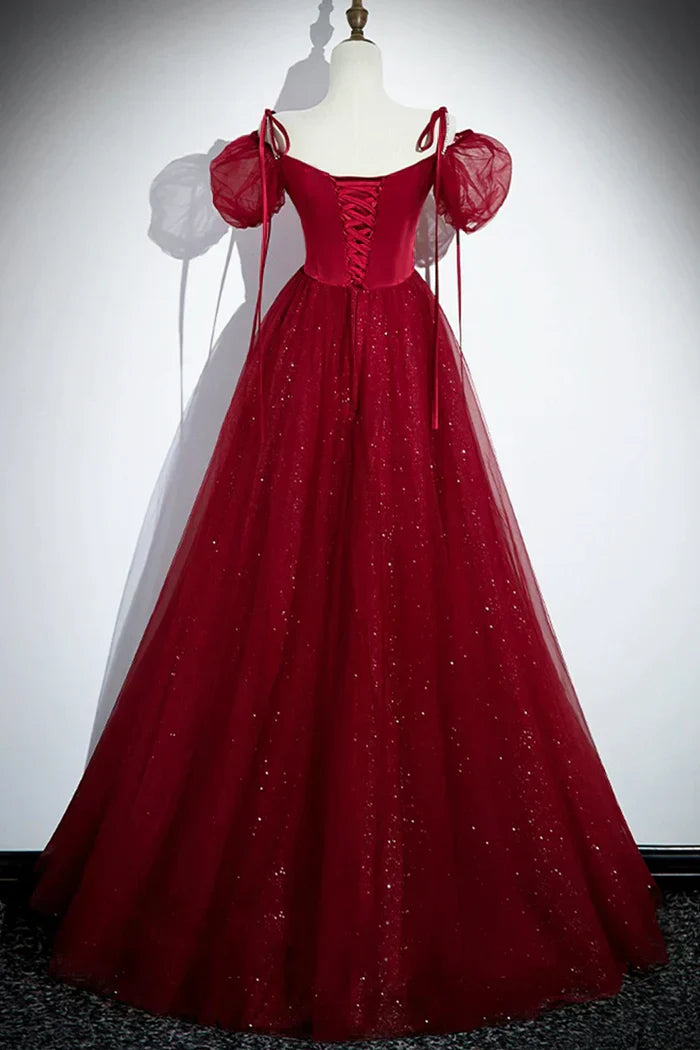 A-Line Satin Tulle Floor Length Prom Dress, Off Shoulder Formal Evening Dress HZ1024