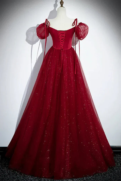 A-Line Satin Tulle Floor Length Prom Dress, Off Shoulder Formal Evening Dress HZ1024